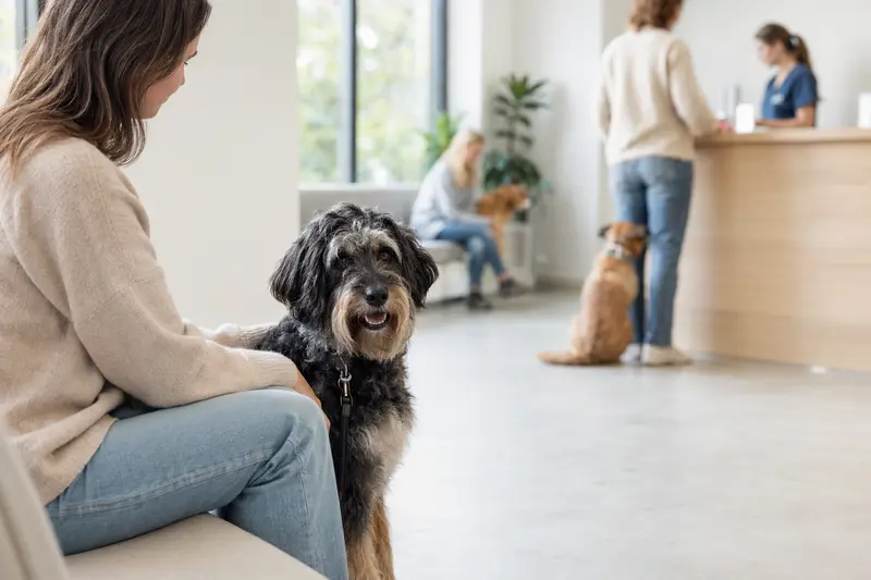 Ein Portugiesischer Hirtenhund sitzt ruhig neben seinem Besitzer im hellen Wartezimmer einer Tierarztpraxis.